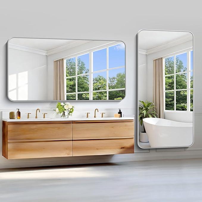 CIVENO Silver Bathroom Mirror, 72 x 36 Inch Large Rectangle Mirror, Rectangular Vanity Mirror Aluminum Metal Frame, Rounded Corner Wall Mirror for Living Room Bedroom Entryway Horizontal/Vertical - ModernBath
