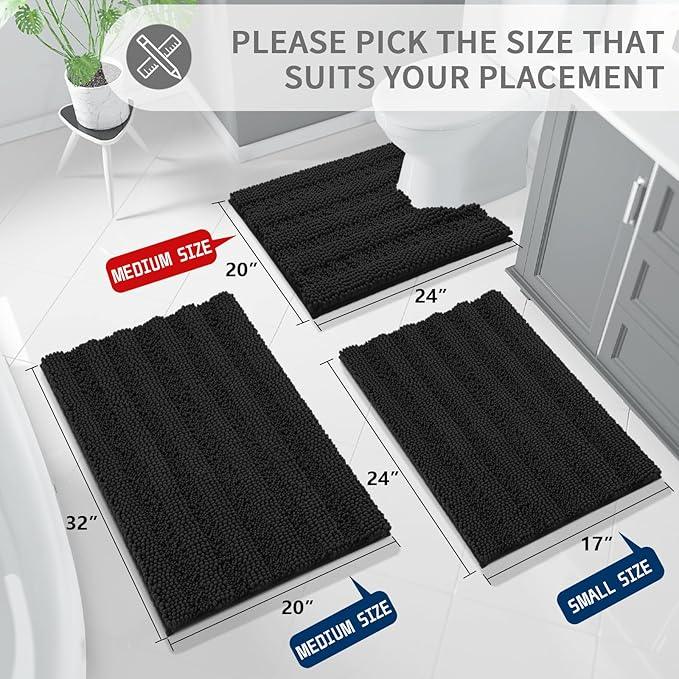 Yimobra Toilet Rugs U Shaped Washable 24 x 20, Non Slip and Super Absorbent Toilet Mat, Quick Dry, Ultra Luxury Microfiber Chenille Plush Fluffy Contour Bath Rugs for Toilet Base, Black - ModernBath