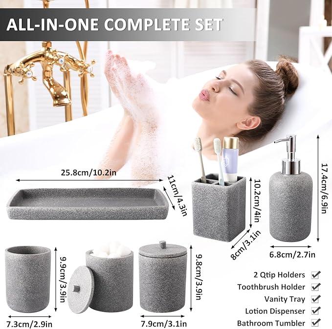 Resin 6 Pcs Gray Bathroom Set Complete with Toothbrush Holder, Lotion Soap Dispenser, 2 Qtip Holder Dispensers,Vanity Tray,Bathroom Tumbler - Countertop Vanity Organizer - Bathroom Accessories Set - ModernBath