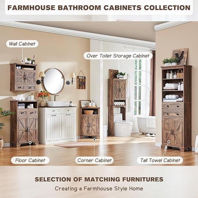 ACCOHOHO Bathroom Wall Cabinet, Farmhouse 24" Wide Medicine Cabinet with Drawer, Adjustable Shelf, Double Barn Doors, Storage Cabinets for Bathroom, Kitchen, Living Room, Rustic Brown - ModernBath