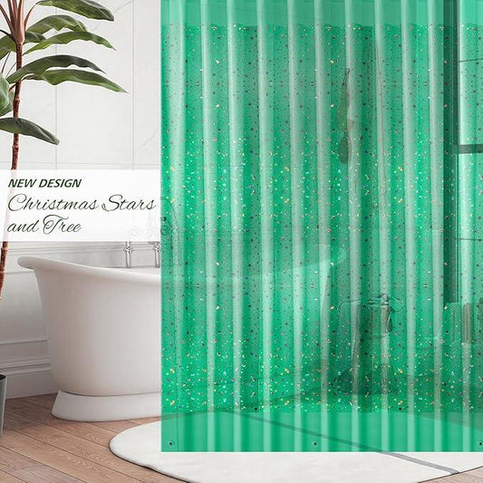 Green Holographic 3D EVA Shower Curtain Liner Glitter Star, 72x72 Premium Light Weight Plastic Bathroom Shower Curtain with Rustproof Metal Grommets for Shower Stall, Bathtubs(No Hooks) - ModernBath