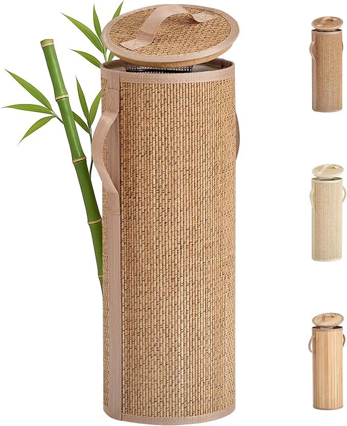 Bamboo Toilet Paper Storage Basket with Lid & Handle - 10L Handwoven Bathroom Organizer for 4 Rolls - Sturdy Stand Holder for Toilet Paper Organization, Carbon Brown - ModernBath
