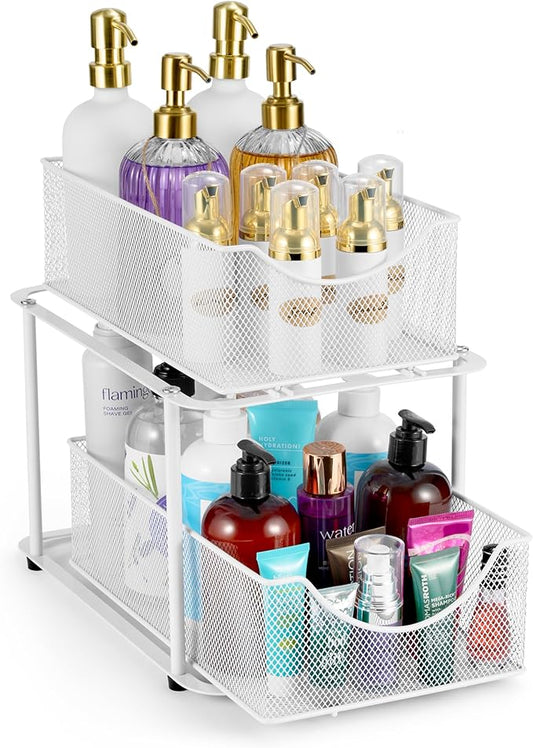 Sorbus 2 Tier Under Sink Bathroom Organizers and Storage, Strong Steel Mesh Sliding Drawers for Enhanced Bathroom Storage Ideal Bathroom Organization and Storage & Under Kitchen Sink Organizer (White)