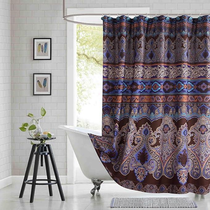 BESTRIPES Extra Long Boho Shower Curtain, Brown and Blue Bohemian Paisley Pattern Fabric Shower Curtains for Bathroom, Decorative Waterproof Bathroom Curtains, 72" W x 84" H - ModernBath