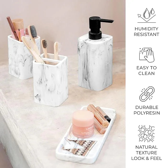 ZCCZ Bathroom Accessory Sets, 4 Pieces Bathroom Accessories Complete Set Vanity Countertop Accessory Set with Marble Look, Includes Lotion Dispenser Soap Pump, Tumbler, Toothbrush Holder and Tray - ModernBath