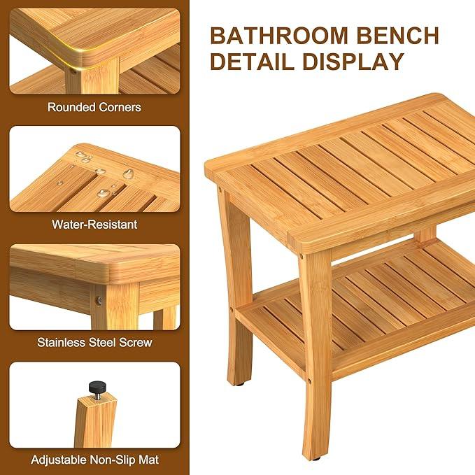 Large Bamboo Shower Bench Stool with Storage Shelf Waterproof Shower Chair Spa Bath Seat Shower Stool for Inside Shower Bathroom Bench Seat for Adults Elderly Seniors Bathroom Gadget 2024 - ModernBath