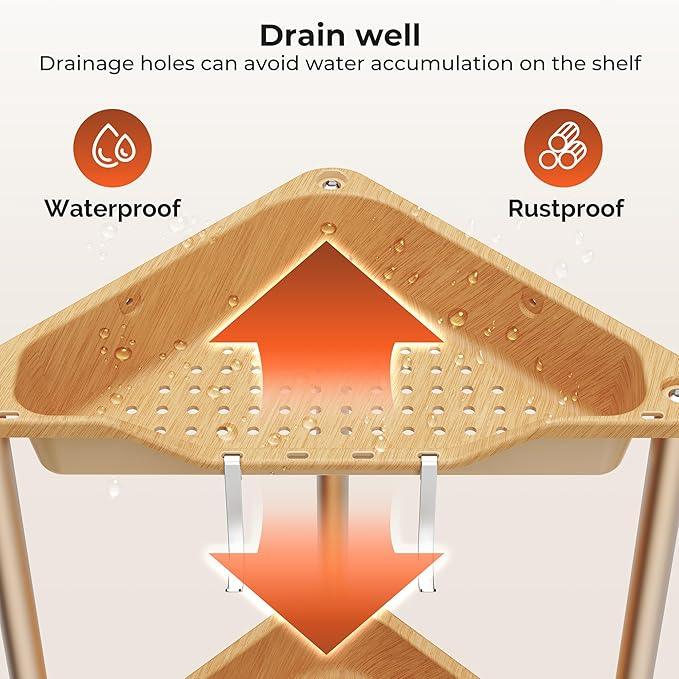 Orimade Rustproof 4 Tier Floor Standing Corner Shower Caddy Organizer, Plastic Aluminum Splicing Floor Corner Shelf Rack Storage Stands for Bathroom, Wood Grain Surface - ModernBath