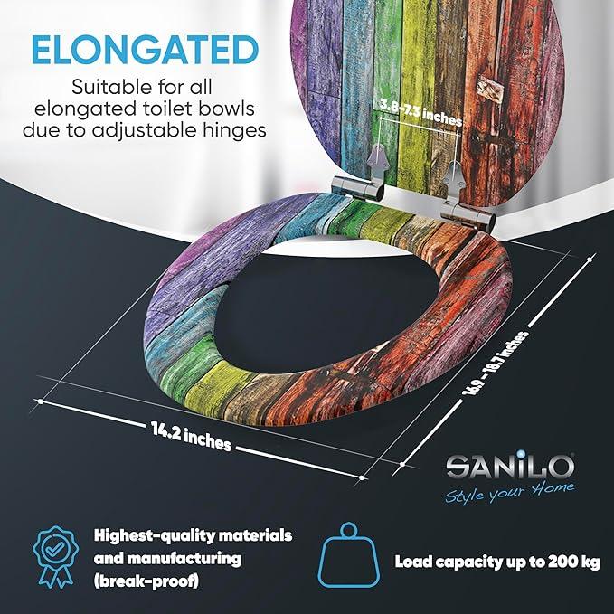 SANILO Wooden Toilet Seat with Soft Close [ELONGATED] - Decorative, Quiet & Slow Close Molded Wood Seat - With Strong Bumpers & Hinges - Adjustable Fit - Rainbow - ModernBath