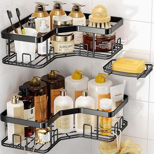 MAXIFFE 3 Pack X-Large Corner Shower Caddy with Soap Holder, Large Capacity Easy Install No Drilling Stainless Steel Sturdy Hold 40 LB Shower Organizer Shelves Rack for Family Renters Bathroom, Black - ModernBath