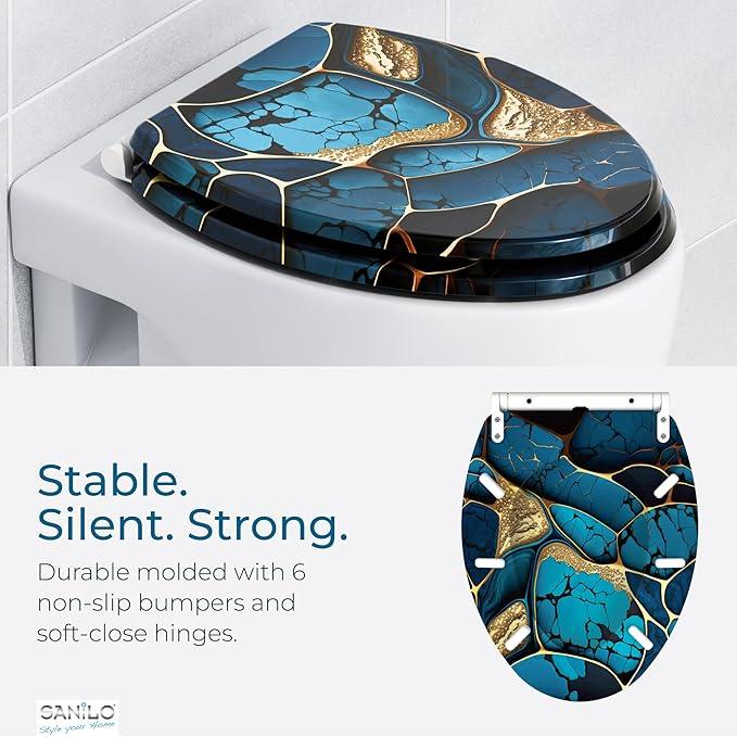 Sanilo Wooden Toilet Seat with Quick Release & Soft Close [ELONGATED] - Decorative & Slow Close Molded Wood Seat - With One Click for Easy Installation & Cleaning - With Adjustable Fit (Marble Cobalt) - ModernBath