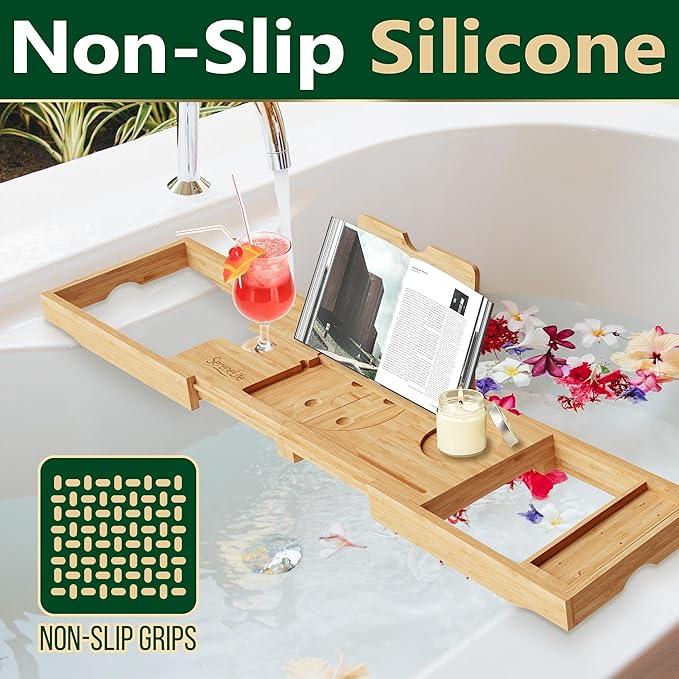 SereneLife Premium Bathtub Tray Caddy with Gift Box and Bow Set, Expandable Bath Tray, Unique House Warming Gifts for Mom, Women, Wedding, Anniversary, Bridal Shower, Fit for All Tub - Classic - ModernBath