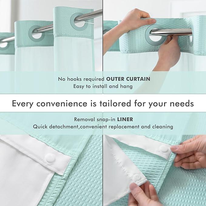 Mrs Awesome No Hook Shower Curtain with Snap-in Liner, Embossed Waffle Design Fabric Shower Curtain for Bathroom, Soft & Lightweight, 71x74, Sky Blue - ModernBath