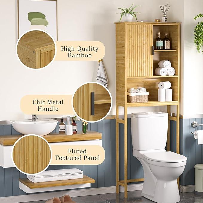 BlueWish Over The Toilet Storage Cabinet, Bamboo Over Toilet Storages with Fluted Door, Over The Toilet Cabinet Bathroom Organizer, Bathroom Shelf Over The Toilet, Storage Rack, Natural - ModernBath