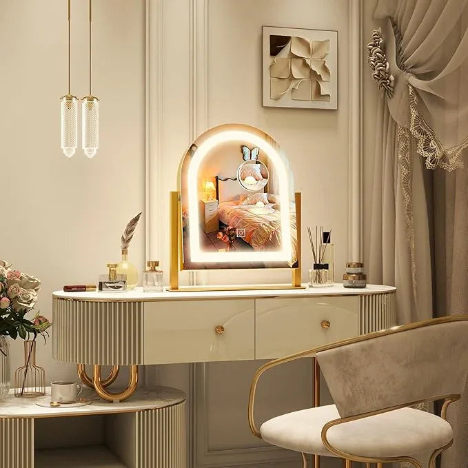 ROLOVE Lighted Makeup Mirror with 3-Color Dimmable Lighting, with Removable 10x Magnifier, Smart Touch Control, 360° Rotation, 15" x 13" Hollywood Vanity Mirror for Tabletop Desk (Gold) - ModernBath