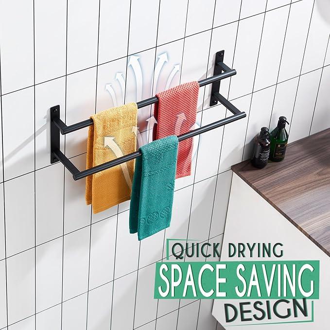 KOKOSIRI 24 Inch Double Towel Bar Bath Towel Racks Bathroom Towel Holder Towel Rails Towel Storage Towel Shelf Wall Mounted Stainless Steel Matte Black B5010BK-L24 - ModernBath