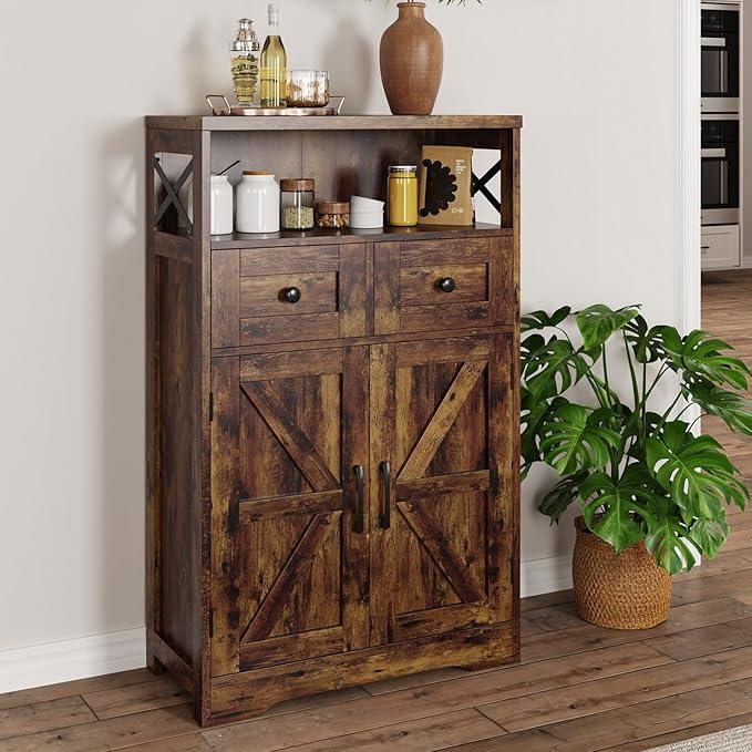Rustic Brown Farmhouse Storage Cabinet with Barn Doors and Shelves, Freestanding Kitchen Pantry Storage Cabinet, Coffee Bar Station, Hutch Cupboard for Kitchen, Dining Room, Livingroom - ModernBath