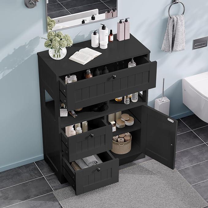 Storage Cabinet, Modern Bathroom Floor Storage Cabinet Organizer with 1 Door and 3 Drawers, Freestanding Cupboard for Kitchen/Living Room Use - ModernBath