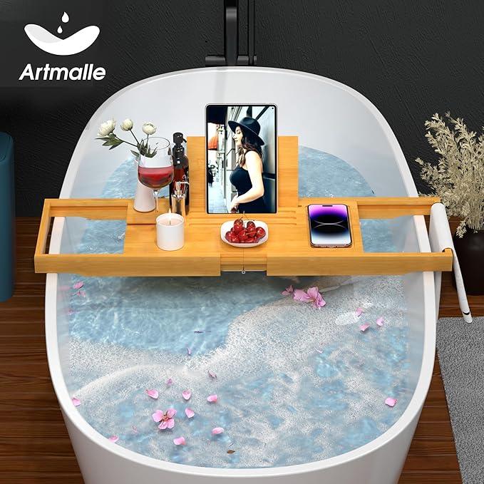 Artmalle Bathtub Caddy Tray for Tub, Expandable Bamboo Bath Table Tray with Book Stand for Home Spa Relaxing, Foldable Minimalist Bathroom Accessories for Women Men (Simple, Natural) (Natural) - ModernBath