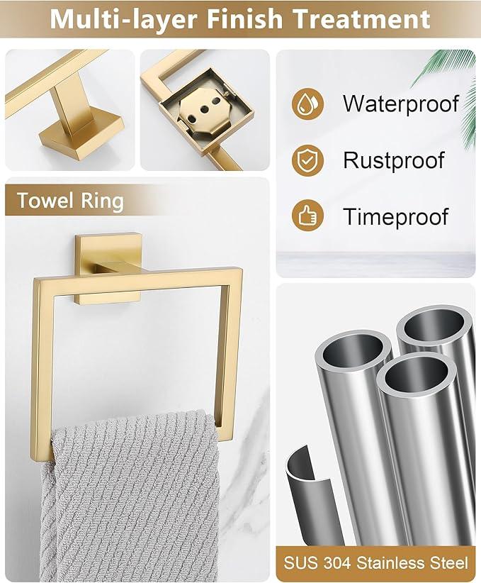Brushed Gold Bathroom Hardware Set 4 Pieces, Toilet Paper Holder Set SUS304 Stainless Steel Bath Hand Towel Ring for Bathroom Hardware Accessories Set Wall Mounted - ModernBath
