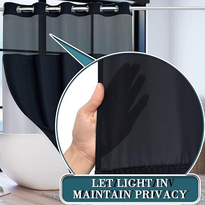 Conbo Mio Extra Long No Hook Waffle Weave Shower Curtain with Snap in Liner Set, Hotel Luxury Black Shower Curtains for Bathroom with See Through Top Window, Waterproof, Washable 71W x 84H - ModernBath