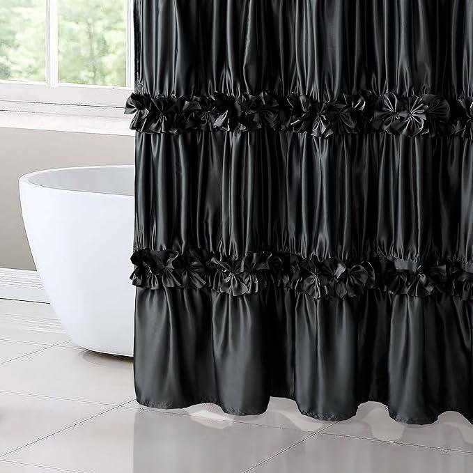 Homechoice Decor Black Ruffle Shower Curtain, Vintage Handcrafted Bow Tie Bath Curtain for Master Bathroom, Ruched Satin Bathroom Curtain with 12 Buttonholes, 72" W x 72" H (LQ-10) - ModernBath