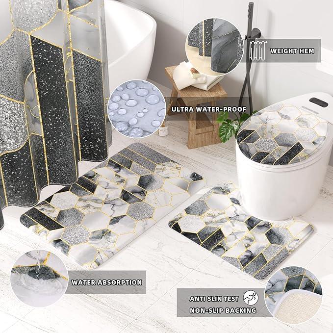 XLHOMO Bathroom Sets with Shower Curtain and Rugs - 4PC Grey Geometric Shower Curtain Set with 12 Hooks, Toilet Cover, U-Shaped Mat and Rugs Modern Abstract Bathroom Accessories for Bathroom - ModernBath