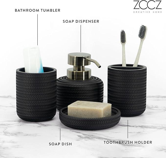 ZCCZ Black Bathroom Accessories Set 4 Pcs - Toothbrush Holder, Soap Dispenser, Vanity Tray, Tumbler - Countertop Organizer for Bathroom - Modern Accessory Set for Home Decor and Storage - ModernBath