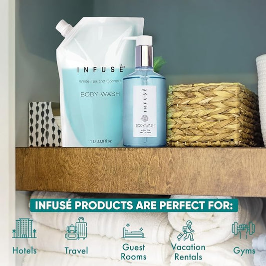 INFUSÉ 1 Liter Body Wash Refill Bag For Soap Dispensers | Bulk Toiletries for Vacation Rentals, and Home Bathroom Showers | White Tea and Coconut | Set of 3