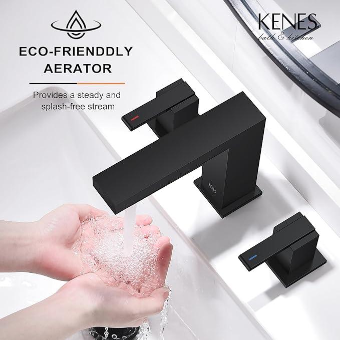 KENES Matte Black Widespread Bathroom Faucet Two Handle Bathroom Sink Faucets Black 3 Hole, 8-Inch 3 Pieces Bathroom Vanity Faucet Lavatory Faucet with Supply Lines, KE-9050-2 - ModernBath