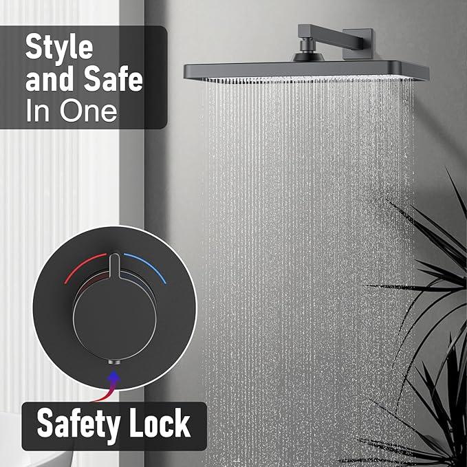 Thermostatic Shower System 13-Inch Rainfall Shower Head - 3 Setting Handheld Sprayer, Complete Bathroom Set with Faucet Mixer Trim Kit & Valve Matte Black - ModernBath