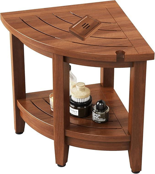 Jekruiet 18" Teak Corner Shower Stool, Inside Shower Stool with Storage Shelf, Waterproof Teak Stool for Shaving Legs and to Sit On, 2-Tier Shower Stool,Adjustable Feet, Non-Slip, Brown - ModernBath