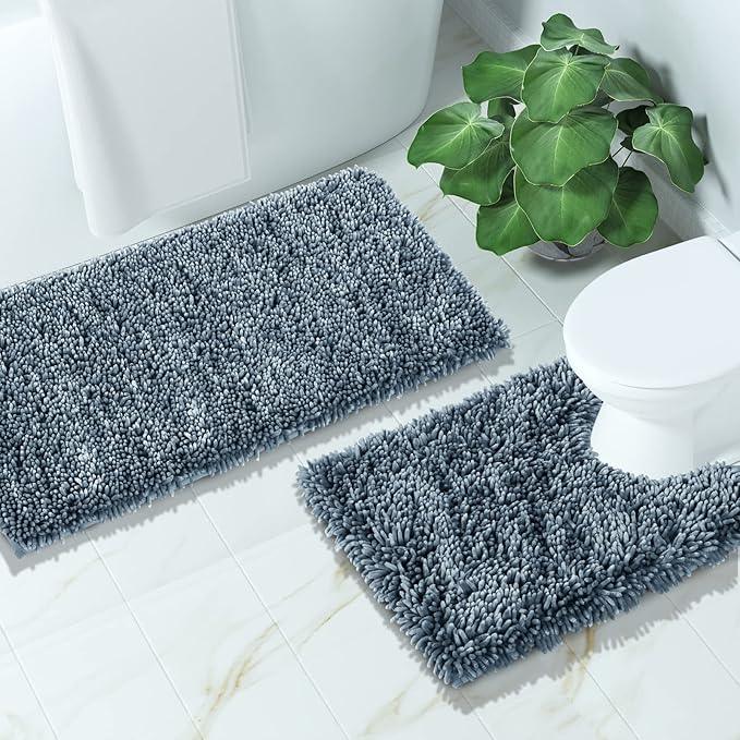 Yimobra Bathroom Rugs Sets 2 Piece, Soft Absorbent Bath Mat and U-Shaped Toilet Rug with Non Slip Backing, Luxury Shaggy Bath Mats for Bathroom, Machine Washable, 31.5"x20"+24"x20", Light Blue - ModernBath