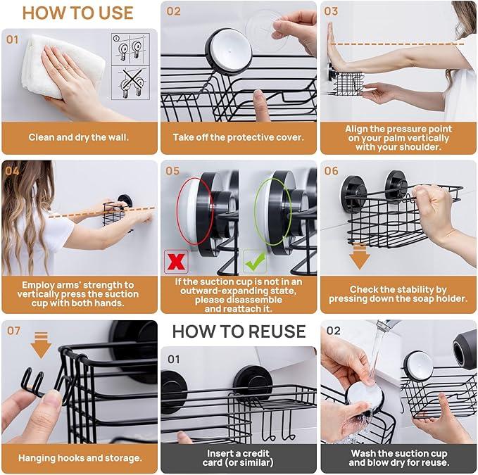 LEVERLOC Shower Caddy Suction Cup, 3 Pack Heavy Duty Bathroom Organizer for Inside Shower with Hooks & Soap Holder, Removable Bathroom Organizer, Rustproof Black Holder Storage - ModernBath