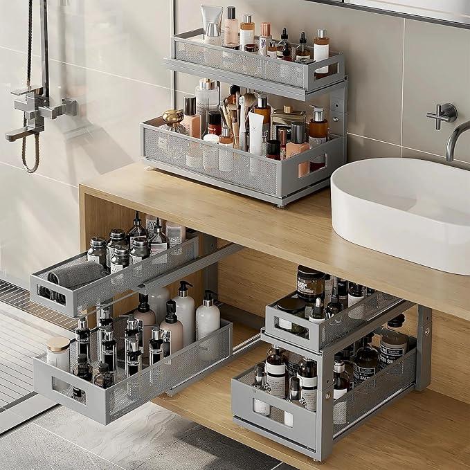 2 Pack 18.5IN-Depth Under Sink Organizer With Next-Gen Ball-Bearing Slides,2-Tier Pull Out Cabinet Storage,Height Adjustable Drawer Shelf for Bathroom,Kitchen,Laundry,Cabinet,Pantry-Gun Gray - ModernBath