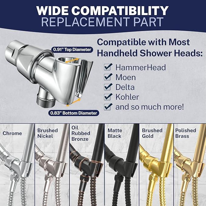 HammerHead Showers® Solid Metal Handheld Shower Head Holder - Chrome - Adjustable Shower Wand Holder with Wall Hook Bracket and Pivot Ball - Hand Held Shower Head Holder - Shower Hose Holder - ModernBath