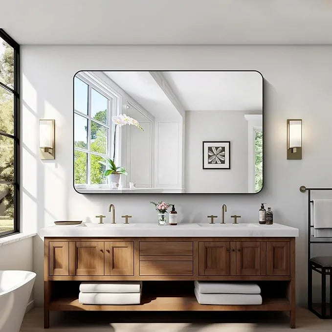 CIVENO Bathroom Mirror, 55 x 36 inch Black Rectangle Wall Mirror, Metal Frame Rounded Corner Vanity Mirror, Large Wall Mounted Mirrors for Over Sink Bedroom Living Room Horizontal Or Vertical Mounting - ModernBath