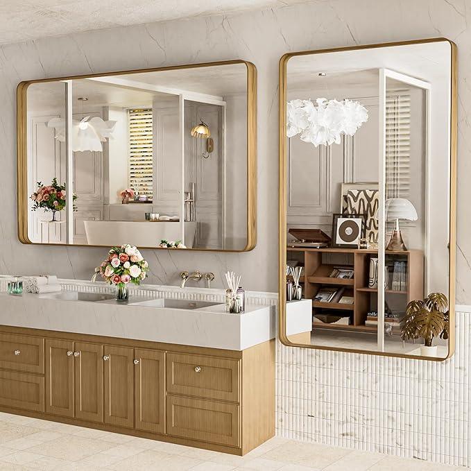 LOAAO 60X36 Inch Bathroom Mirror with Wood Grain Colored Metal Frame, Rounded Rectangle Metal Framed Bathroom Mirror, Anti-Rust, Hangs Horizontally or Vertically, Tempered Glass - ModernBath