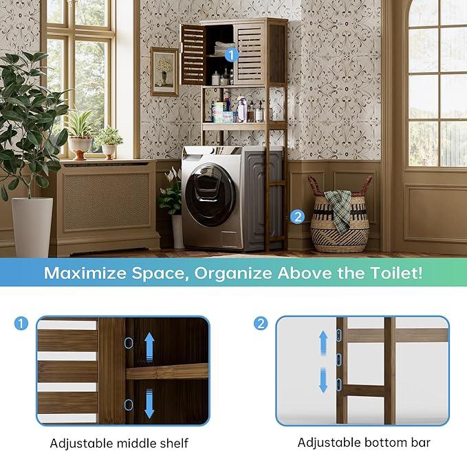 SMIBUY Bathroom Storage Shelf with Cabinet, Bamboo Over-The-Toilet Organizer Rack, Freestanding Toilet Space Saver with 3-Tier Adjustable Shelves (Walnut) - ModernBath