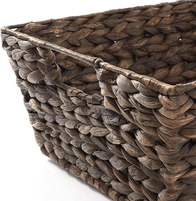 Casafield Set of 2 Water Hyacinth Pantry Baskets with Handles, Chalkboard Labels, and Marker - Espresso, Wide Woven Storage Bin Organizers for Kitchen Shelves - ModernBath