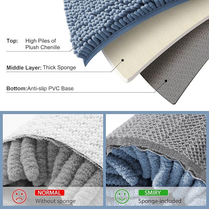 Smiry Luxury Chenille Bathroom Rugs 59x35, Extra Soft and Absorbent Shaggy Bath Mat, Machine Washable, Non-Slip Plush Carpet Runner for Tub, Shower, and Floor, Home Decor Accessories, Grayish Blue - ModernBath