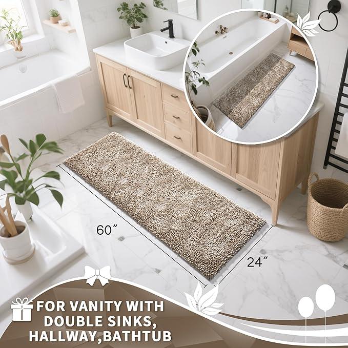 Yimobra Long Bathroom Rugs Runner 60x24 Inch, Extra Thick Soft Absorbent Chenille Bath Mat, Non Slip Machine Washable, Quick Dry Bath Rugs for Bathroom Floor, Tub and Shower, Camel - ModernBath