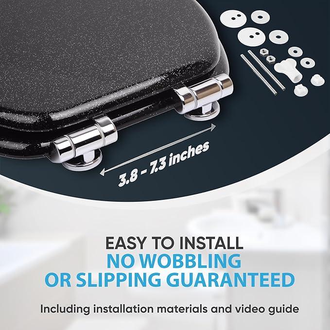 SANILO Wooden Toilet Seat with Soft Close [ELONGATED] - Decorative, Quiet & Slow Close Molded Wood Seat - With Strong Bumpers & Hinges - Adjustable Fit - Glittering Black - ModernBath