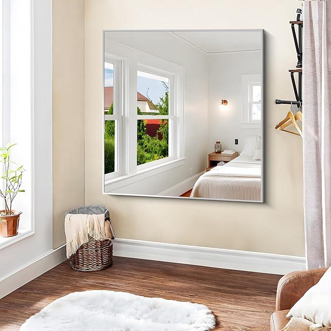 KOCUUY Silver Mirror, 42"x42" Square Bathroom Mirror for Wall, HD Tempered Glass, Anti-Rust Frame, Modern Design for Bathroom, Bedroom, Living Room, Entryway - ModernBath