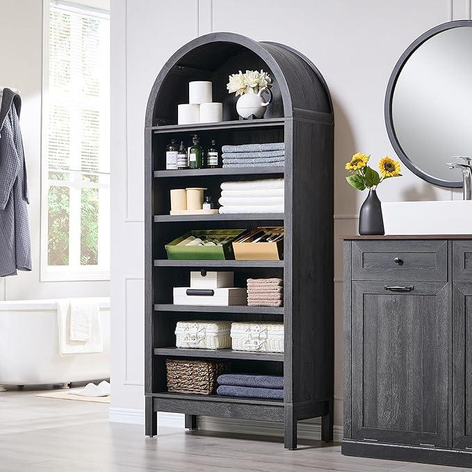 71" Tall Arched Bathroom Storage Cabinet, 7-Tier Modern Farmhouse Storage Cabinet with Adjustable Shelves, Wood Freestanding Cabinet for Bathroom, Living Room, Entryway, Hallway (Dark Grey) - ModernBath