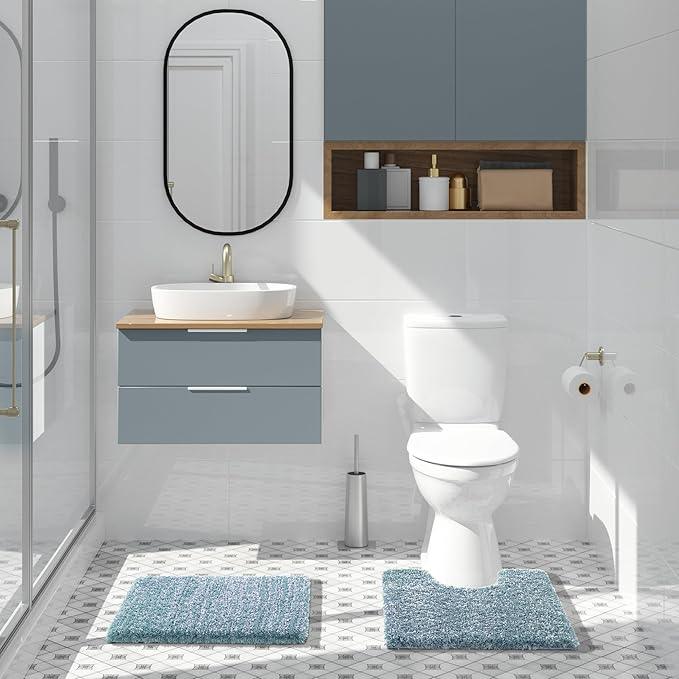 Yimobra Bathroom Rugs Non Slip Washable, Ultra Soft and Water Absorbent Bath Mats, Plush Fluffy Shower Mat Outside, Microfiber Thick Matts for Bathroom Floor/Sink, 24x17, Denim Blue and White - ModernBath