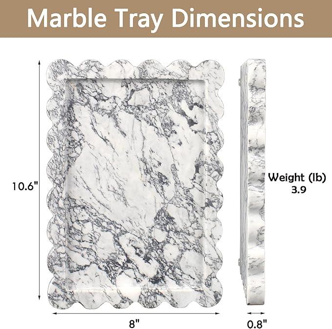 YMXYJM Genuine Scalloped Marble Tray, Real Natural Marble Stone Tray, Luxury Decorative Trays for Bathroom, Dresser, Vanity, Kitchen, Home Decor, 10.6" x 8", Calacatta Gray - ModernBath