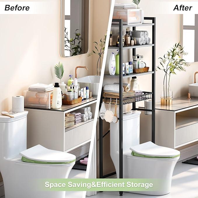 Over-The-Toilet Storage Rack, 4-Tier Bathroom Organizer Shelf Over Toilet with Adjustable Shelf and Basket, Freestanding Space Saver Bathroom Shelves Above Toilet for Room (Pure Gray) - ModernBath