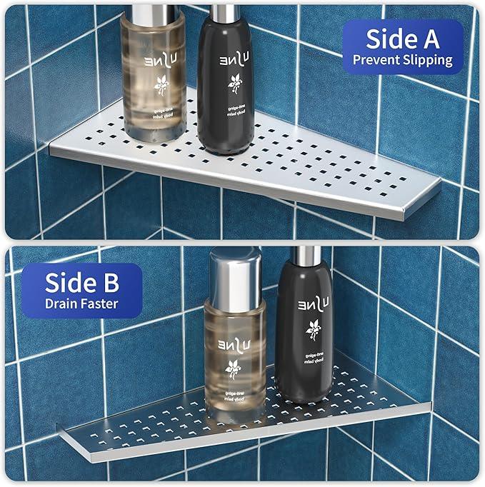 Corner Shower Shelf 2PCS, Trapezoid Shaped Bathroom Shelves 12'' for Tiled Wall, 304 Stainless Steel Grout in Shelf, No Drilling Needed (Silver) - ModernBath
