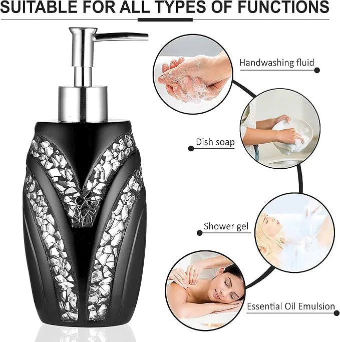 Zahari Home 4pc Sinatra Stylish Bathroom Accessories Set Black Soap Dispenser/Lotion Pump, Tumbler, Tooth Brush Holder and Soap Dish Modern Luxury Decor Bling Mosaic Glass Black Bathroom Accessories - ModernBath