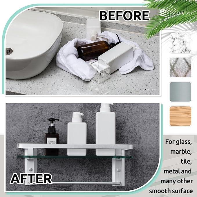 Suzile Set of 2 Glass Bathroom Shelves with Bar, Wall Mounted 15.7 x 4.7 Inches, Bathroom Shelves Hanging Modern Floating Shelf Metal Stick Room Rustproof Organizer Decorative(Silver) - ModernBath